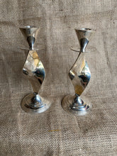 Load image into Gallery viewer, Vintage Pair of Silver Plated Twisted Ribbon Shape Candlesticks - Freya's Trading Post
