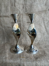 Load image into Gallery viewer, Vintage Pair of Silver Plated Twisted Ribbon Shape Candlesticks - Freya's Trading Post