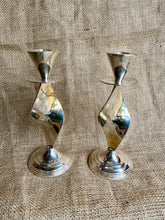 Load image into Gallery viewer, Vintage Pair of Silver Plated Twisted Ribbon Shape Candlesticks - Freya's Trading Post