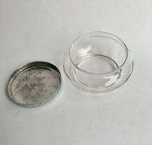 Load image into Gallery viewer, Vintage Art Deco Glass Powder Jar with a lovely turquoise Faux Enamel Guilloche Top - Freya's Trading Post