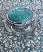 Load image into Gallery viewer, Vintage Art Deco Glass Powder Jar with a lovely turquoise Faux Enamel Guilloche Top - Freya's Trading Post