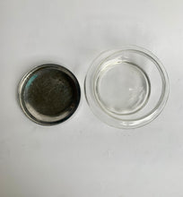 Load image into Gallery viewer, Vintage Art Deco Glass Powder Jar with a lovely turquoise Faux Enamel Guilloche Top - Freya's Trading Post