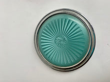 Load image into Gallery viewer, Vintage Art Deco Glass Powder Jar with a lovely turquoise Faux Enamel Guilloche Top - Freya's Trading Post