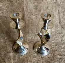 Load image into Gallery viewer, Vintage Pair of Silver Plated Twisted Ribbon Shape Candlesticks - Freya's Trading Post