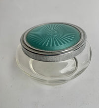 Load image into Gallery viewer, Vintage Art Deco Glass Powder Jar with a lovely turquoise Faux Enamel Guilloche Top - Freya's Trading Post