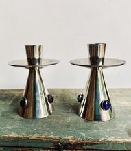 Load image into Gallery viewer, Stylish Pair of Vintage Silver Plated with Blue Cabochon Candlesticks - Freya's Trading Post