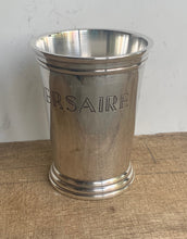 Load image into Gallery viewer, Unusual Vintage Silver Plated Mint Julep Cup Engraved Joyeux Anniversaire - Freya's Trading Post