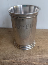 Load image into Gallery viewer, Unusual Vintage Silver Plated Mint Julep Cup Engraved Joyeux Anniversaire - Freya's Trading Post