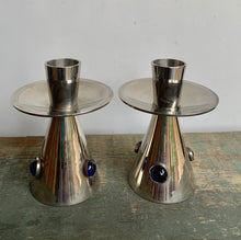 Load image into Gallery viewer, Stylish Pair of Vintage Silver Plated with Blue Cabochon Candlesticks - Freya's Trading Post