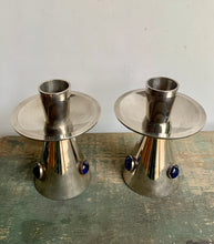 Load image into Gallery viewer, Stylish Pair of Vintage Silver Plated with Blue Cabochon Candlesticks - Freya's Trading Post