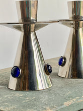 Load image into Gallery viewer, Stylish Pair of Vintage Silver Plated with Blue Cabochon Candlesticks - Freya's Trading Post