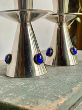 Load image into Gallery viewer, Stylish Pair of Vintage Silver Plated with Blue Cabochon Candlesticks - Freya's Trading Post