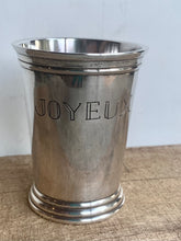 Load image into Gallery viewer, Unusual Vintage Silver Plated Mint Julep Cup Engraved Joyeux Anniversaire - Freya's Trading Post