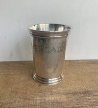 Load image into Gallery viewer, Unusual Vintage Silver Plated Mint Julep Cup Engraved Joyeux Anniversaire - Freya's Trading Post