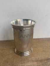 Load image into Gallery viewer, Unusual Vintage Silver Plated Mint Julep Cup Engraved Joyeux Anniversaire - Freya's Trading Post