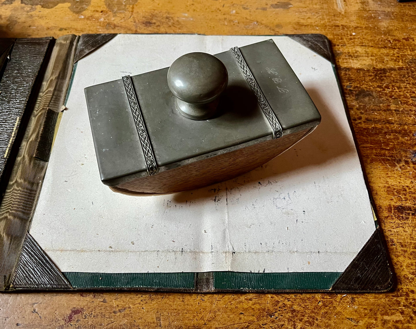 Stylish Vintage Irish Pewter and Wood Paper Ink Blotter - Freya's Trading Post