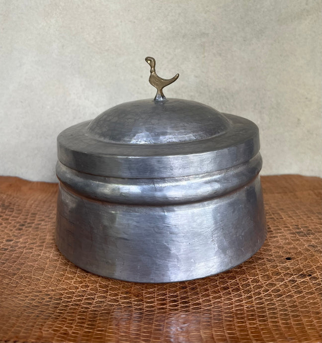Vintage Hammered Pewter Lidded Pot with Brass Bird Finial - Freya's Trading Post