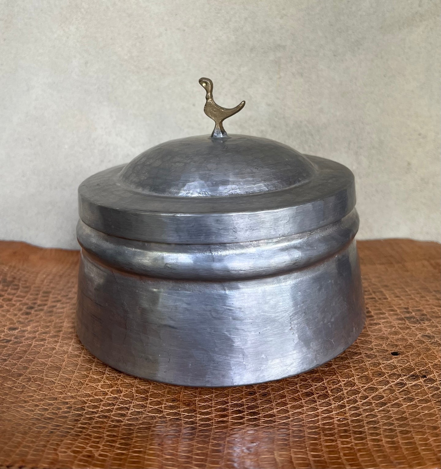 Vintage Hammered Pewter Lidded Pot with Brass Bird Finial - Freya's Trading Post