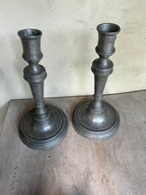 Load image into Gallery viewer, Charming Pair of Vintage Pewter Candlesticks
