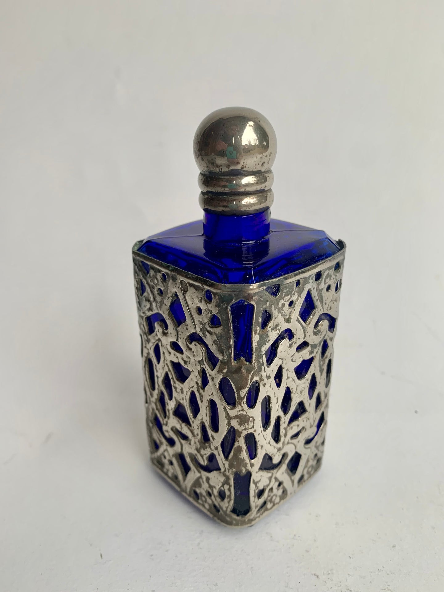 Stylish Vintage Art Nouveau Cobalt Blue Glass and Pewter Filigree overlay Perfume Bottle