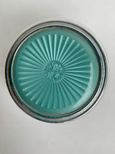 Load image into Gallery viewer, Vintage Art Deco Glass Powder Jar with a lovely turquoise Faux Enamel Guilloche Top
