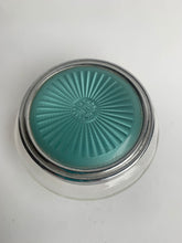 Load image into Gallery viewer, Vintage Art Deco Glass Powder Jar with a lovely turquoise Faux Enamel Guilloche Top
