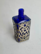 Load image into Gallery viewer, Stylish Vintage Art Nouveau Cobalt Blue Glass and Pewter Filigree overlay Perfume Bottle
