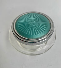 Load image into Gallery viewer, Vintage Art Deco Glass Powder Jar with a lovely turquoise Faux Enamel Guilloche Top
