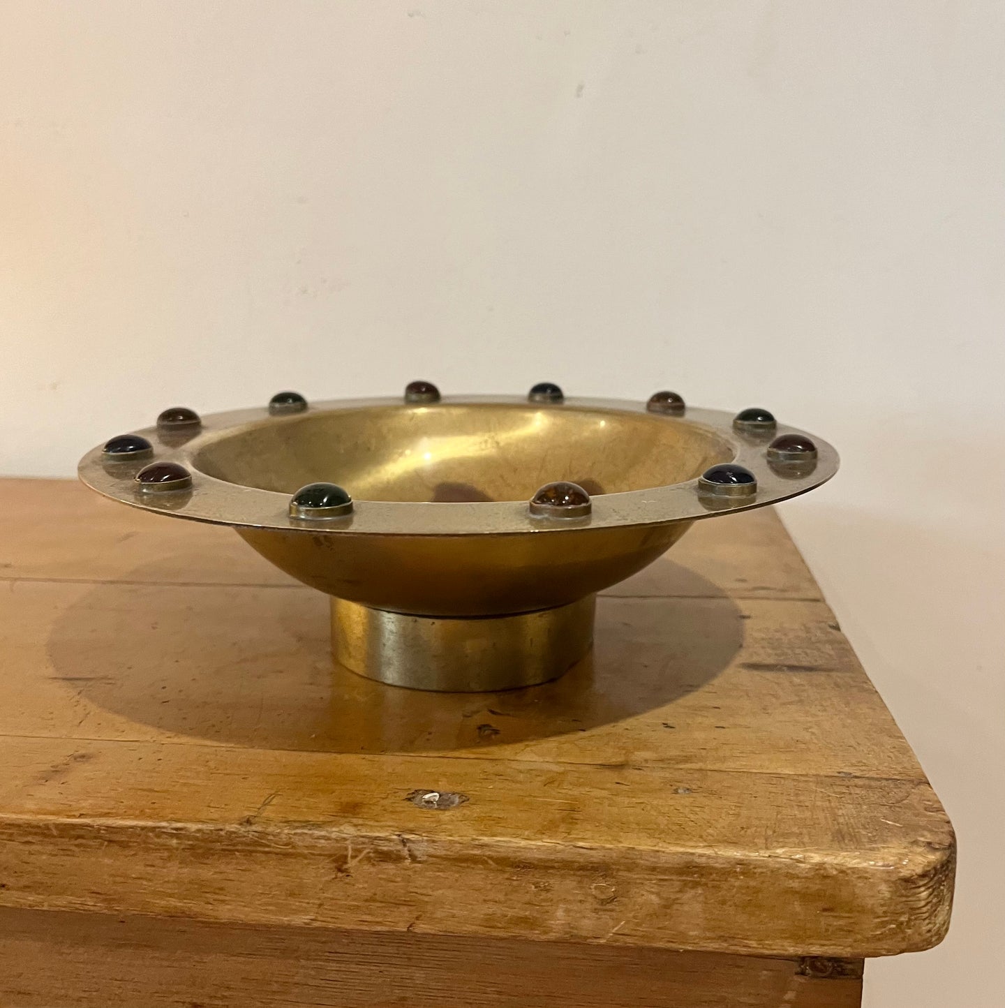 Vintage Brass Bowl Decorated with Jewelled Colour Cabochons - Freya's Trading Post