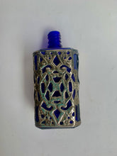 Load image into Gallery viewer, Stylish Vintage Art Nouveau Cobalt Blue Glass and Pewter Filigree overlay Perfume Bottle
