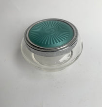 Load image into Gallery viewer, Vintage Art Deco Glass Powder Jar with a lovely turquoise Faux Enamel Guilloche Top
