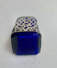 Load image into Gallery viewer, Stylish Vintage Art Nouveau Cobalt Blue Glass and Pewter Filigree overlay Perfume Bottle
