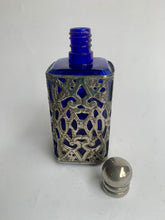 Load image into Gallery viewer, Stylish Vintage Art Nouveau Cobalt Blue Glass and Pewter Filigree overlay Perfume Bottle
