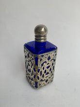 Load image into Gallery viewer, Stylish Vintage Art Nouveau Cobalt Blue Glass and Pewter Filigree overlay Perfume Bottle
