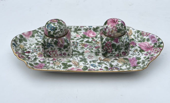 Beautiful Rare Vintage Crown Staffordshire ‘Thousand Flowers’ Design 2 Inkwell Pots - Freya's Trading Post