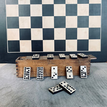 Load image into Gallery viewer, A Great Rare Complete Set of 55 Double Nine Antique Ebony &amp; Bone Dominoes with Original  Brass Pins and Dovetailed Wooden Box
