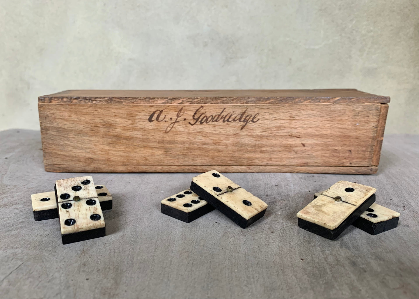 A Great Rare Complete Set of 55 Double Nine Antique Ebony & Bone Dominoes with Original  Brass Pins and Dovetailed Wooden Box