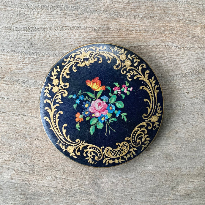 Beautiful Vintage Navy Stratton Mirror Compact with Gold and Floral Design - Freya's Trading Post