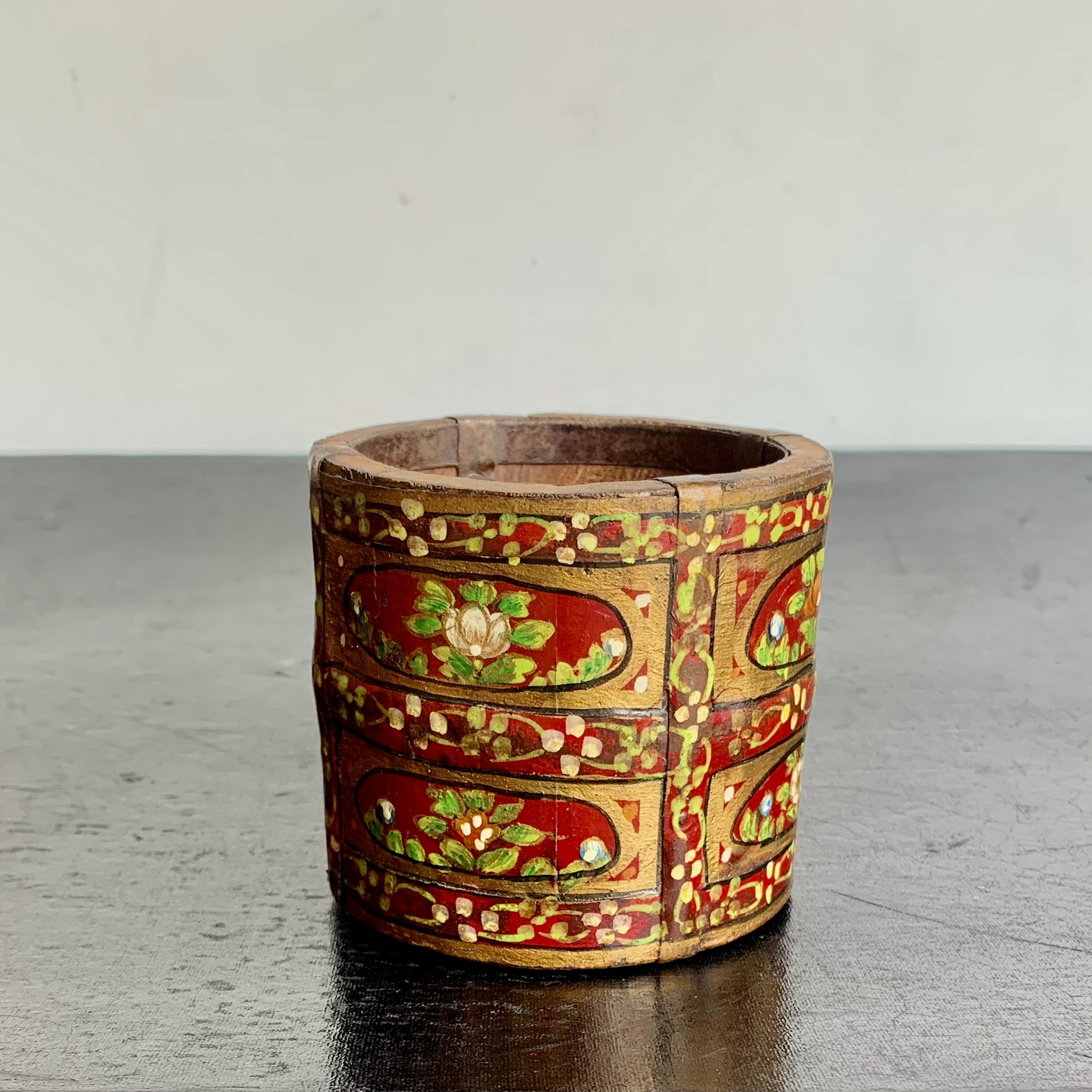 Beautiful Vintage Painted Wooden Pot