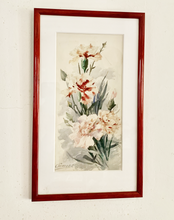 Load image into Gallery viewer, Delightful Red Framed Vintage Watercolour of Dianthus Signed by Simone
