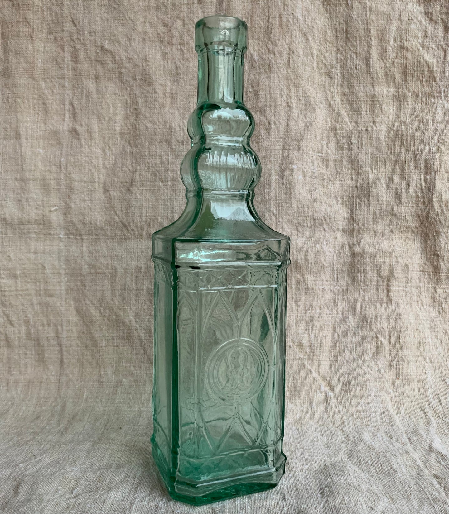 Beautiful Recycled Decorative Ornate Green Glass Bottle, Spain 