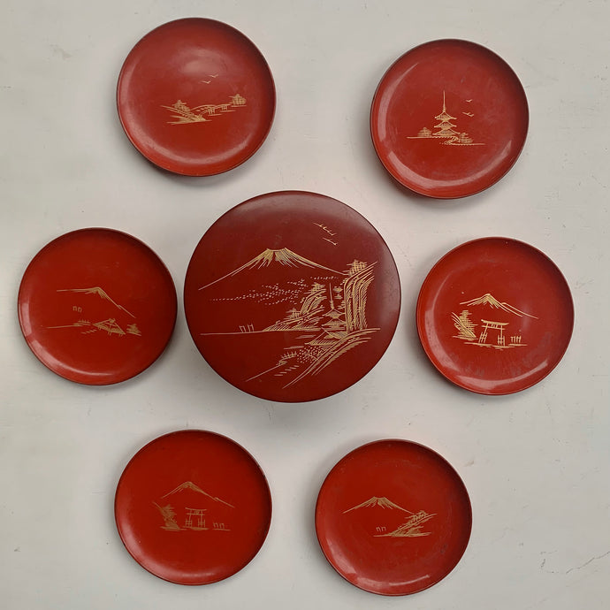 Vintage Complete Set of 6  Japanese Red Lacquer Coasters in a beautiful decorative storage box - Freya's Trading Post