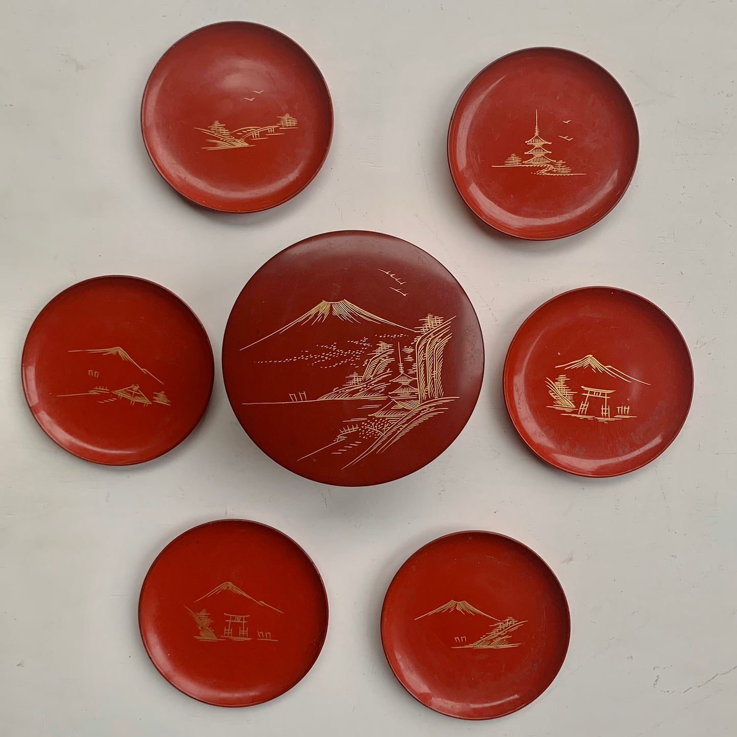 Vintage Complete Set of 6  Japanese Red Lacquer Coasters in a beautiful decorative storage box