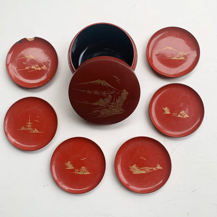 Vintage Japanese Red Lacquer Coasters in a beautiful decorative storage box - Freya's Trading Post