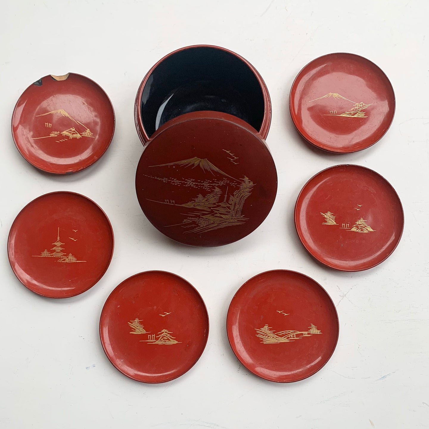 Vintage Japanese Red Lacquer Coasters in a beautiful decorative storage box