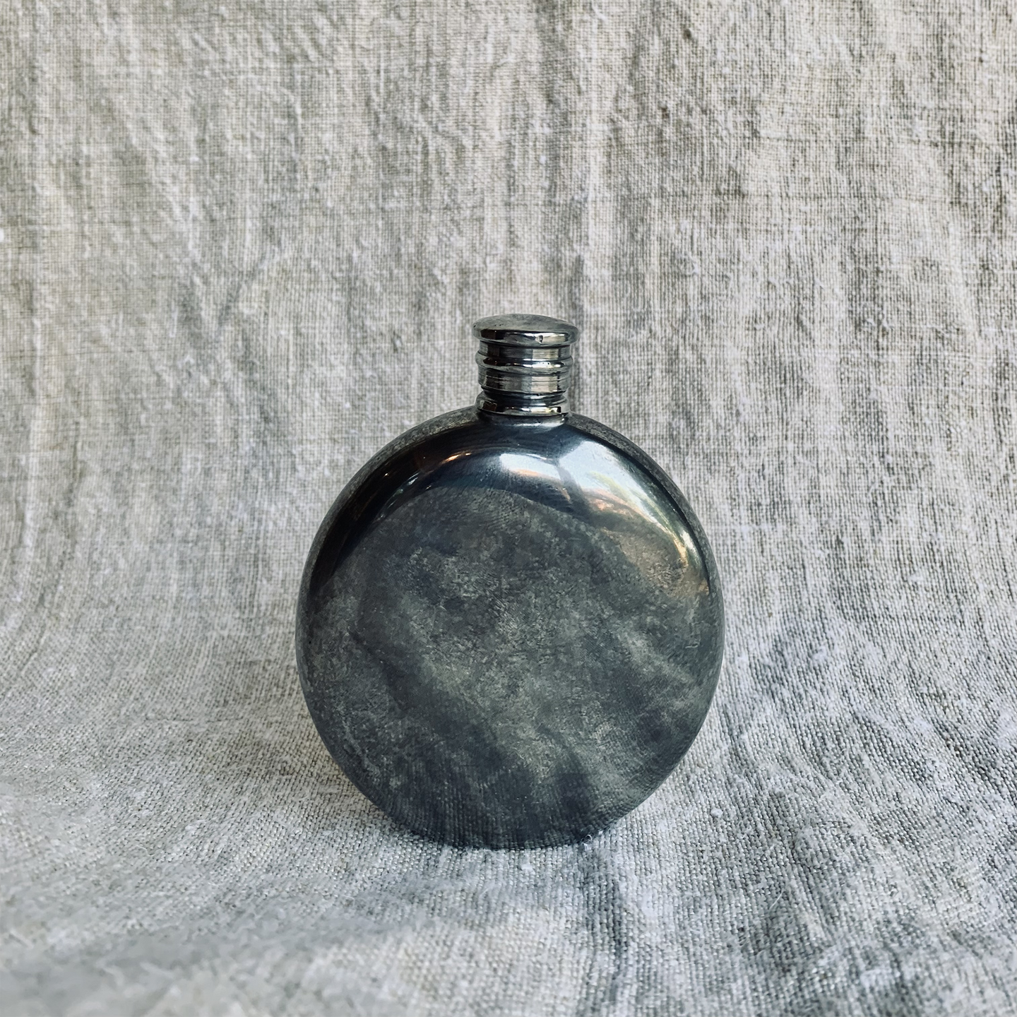 Wonderful Vintage English Pewter Small Round Pocket Flask