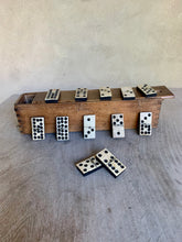 Load image into Gallery viewer, A Great Rare Complete Set of 55 Double Nine Antique Ebony &amp; Bone Dominoes with Original  Brass Pins and Dovetailed Wooden Box
