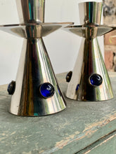 Load image into Gallery viewer, Stylish Pair of Vintage Silver Plated with Blue Cabochon Candlesticks
