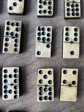 Load image into Gallery viewer, A Great Rare Complete Set of 55 Double Nine Antique Ebony &amp; Bone Dominoes with Original  Brass Pins and Dovetailed Wooden Box
