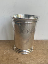 Load image into Gallery viewer, Unusual Vintage Silver Plated Mint Julep Cup Engraved Joyeux Anniversaire
